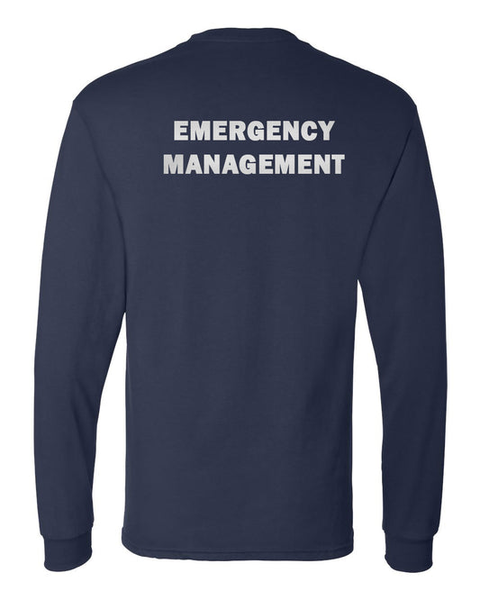 Navy blue long-sleeve shirt with 'EMERGENCY MANAGEMENT' text on the back against a white background