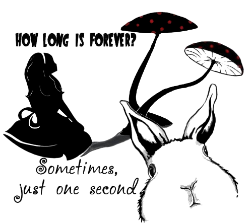 Illustration of a rabbit and a silhouette of a person under mushrooms with text 'How long is forever? Sometimes, just one second.'.