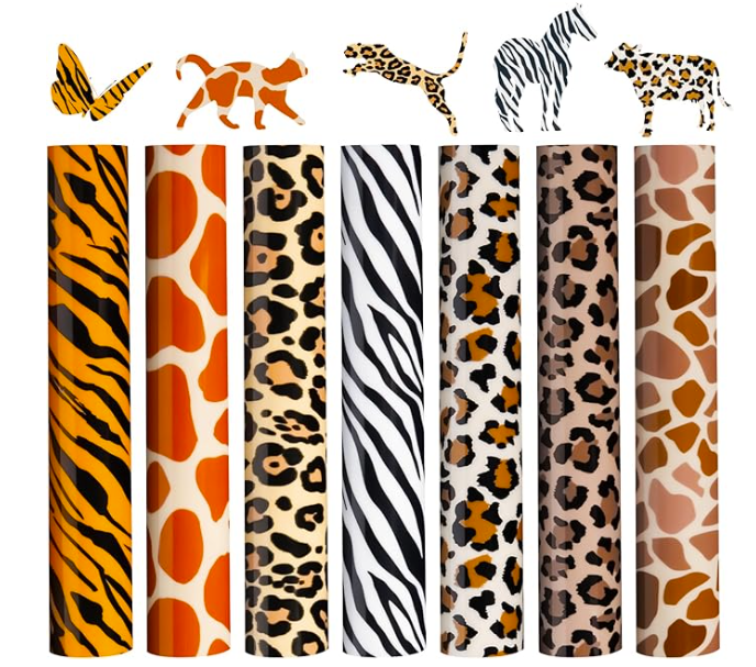 Set of animal print patterns on vertical strips with illustrations above them.