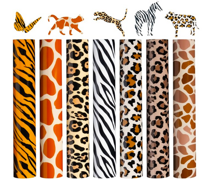 Set of animal print patterns on vertical strips with illustrations above them.