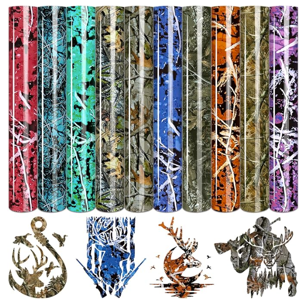Collection of camouflage patterns and deer antler designs on a white background