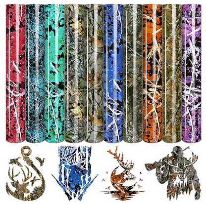 Collection of camouflage patterns and deer antler designs on a white background