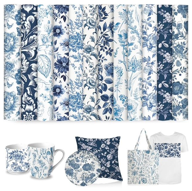 Collection of blue and white floral patterns on various products including a mug, pillow, tote bag, and t-shirt.