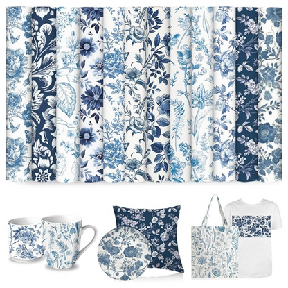Collection of blue and white floral patterns on various products including a mug, pillow, tote bag, and t-shirt.