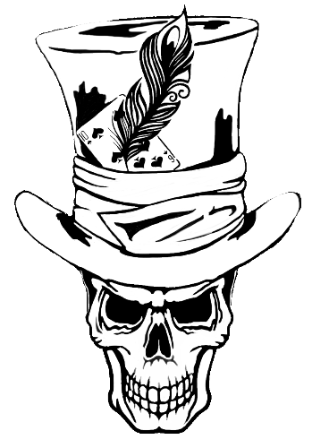 Skull wearing a top hat with feathers and playing cards on a white background