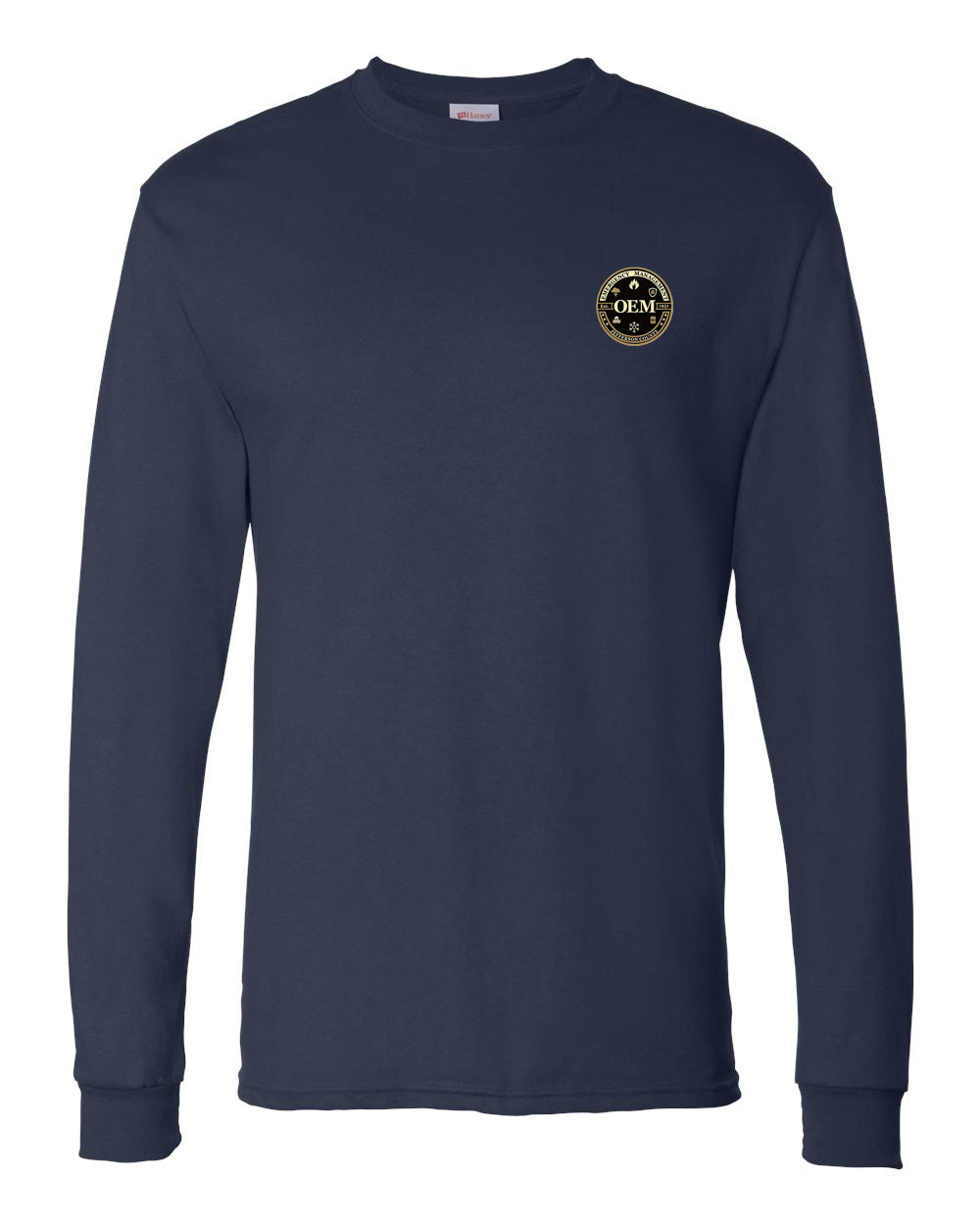 Navy long-sleeve shirt with a logo on the chest against a white background