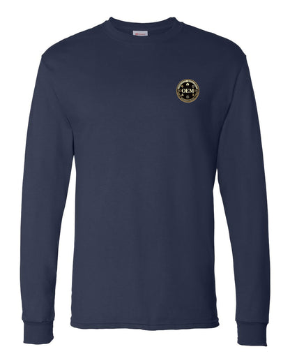 Navy long-sleeve shirt with a logo on the chest against a white background