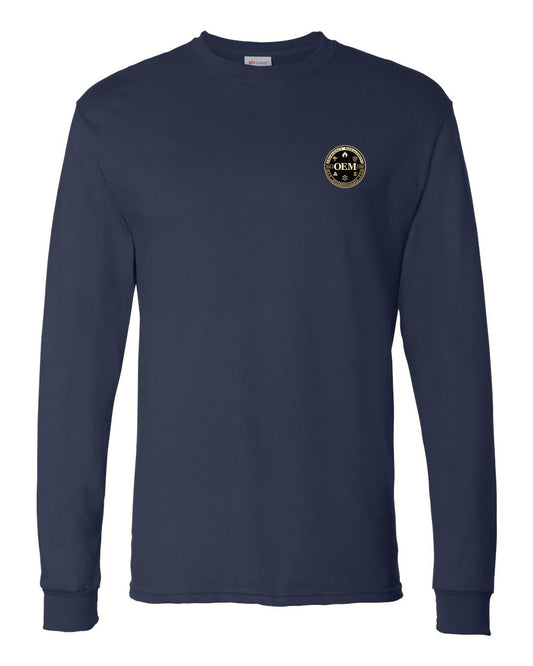 Navy long-sleeve shirt with a logo on the chest against a white background