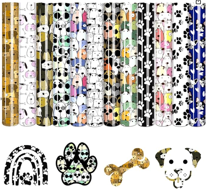 Collection of dog-themed wrapping paper rolls with various patterns.