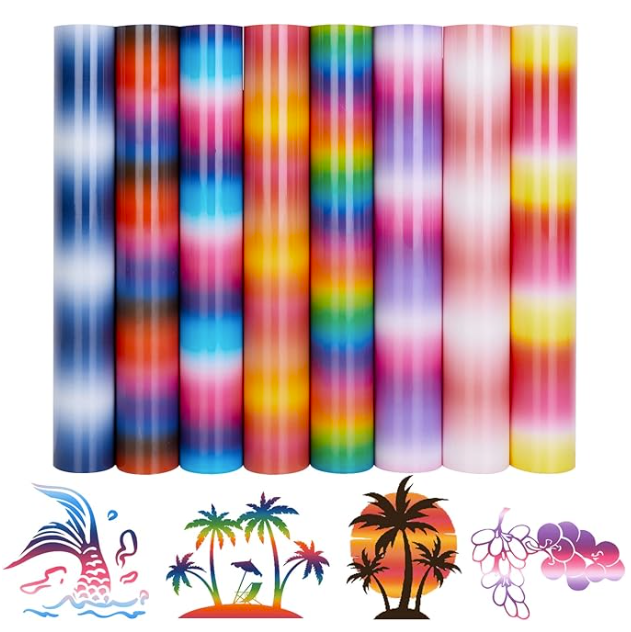 Set of colorful tie-dye patterns on rolls with decorative elements at the bottom.