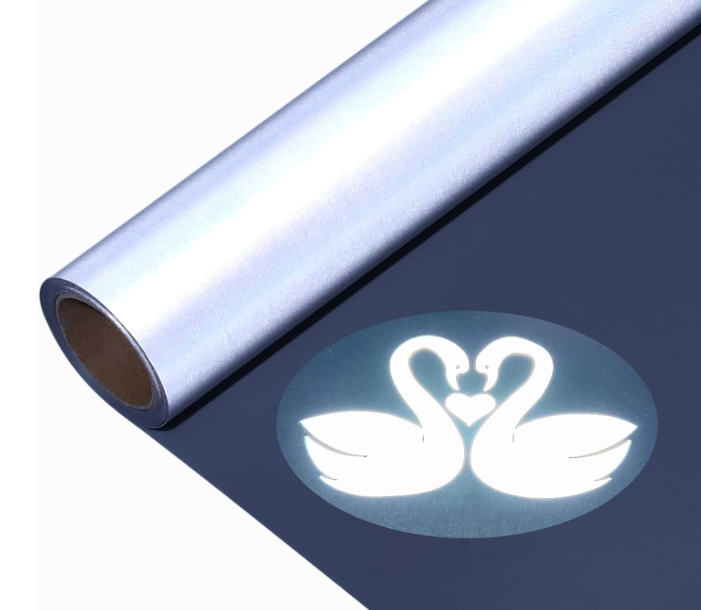 Roll of reflective vinyl with a swan design on a white background