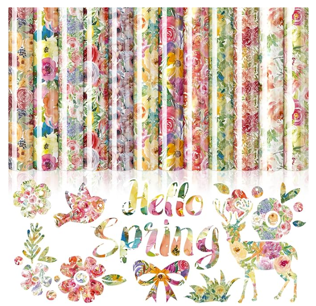 Decorative paper straws with floral patterns and 'Hello Spring' text on a white background.