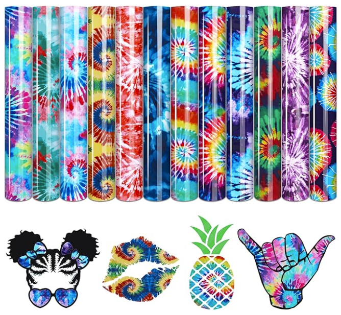 Collection of colorful tie-dye patterns on rolls with additional designs below.