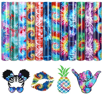 Collection of colorful tie-dye patterns on rolls with additional designs below.
