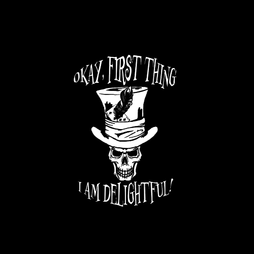 Black and white graphic with a skull wearing a top hat and text on a black background
