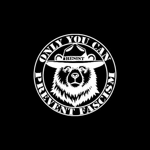 Black and white logo with a bear wearing a hat and text on a black background